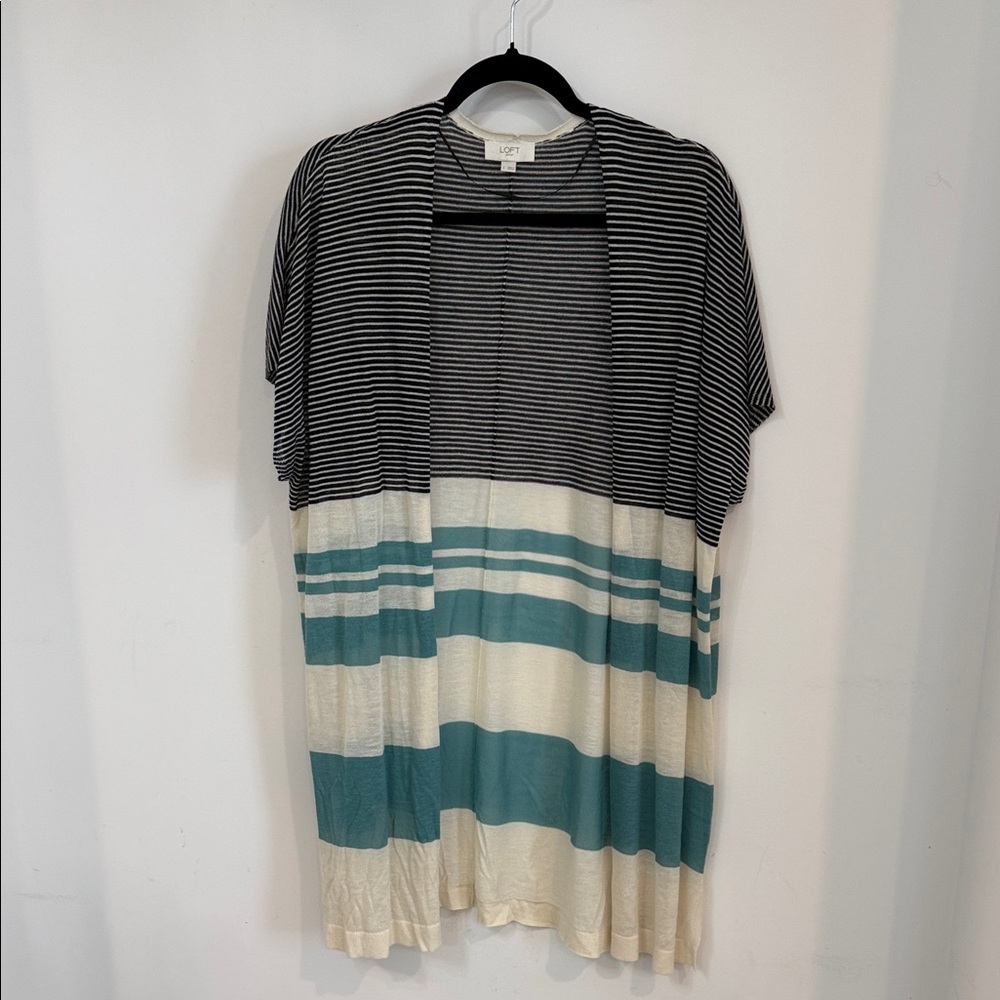 LOFT Striped Open Cardigan in Black, Cream & Teal